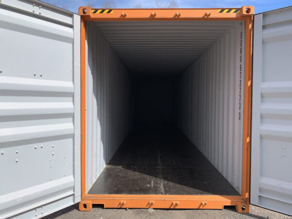 Neuer gut sichtbarer orangefarbener 40′ High Cube „One Trip“-Lagercontainer. – Bild 11